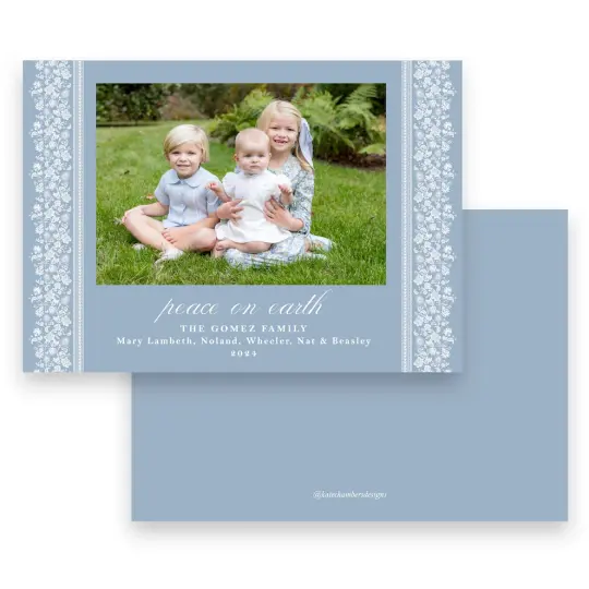 Blue Botanical Floral Vertical Border "Peace on Earth" Landscape Holiday Card