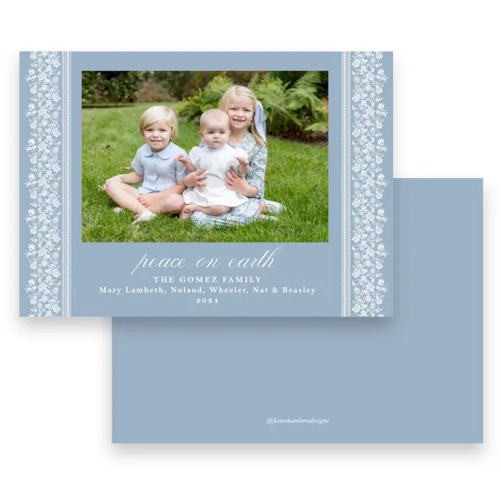 Blue Botanical Floral Vertical Border "Peace on Earth" Landscape Holiday Card