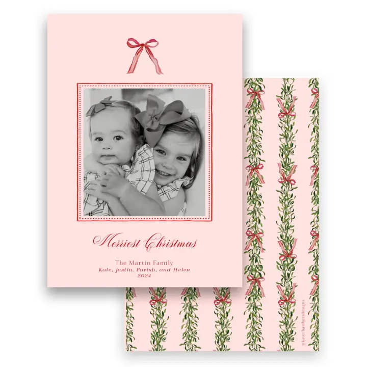 Red & Pink Border with Mistletoe Garland Portrait Holiday Card