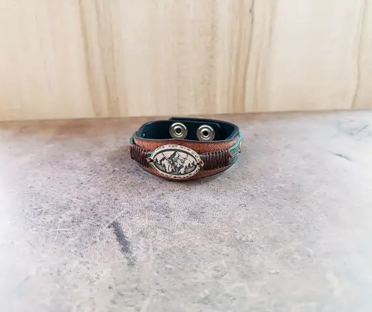 OOAK Buffalo Hunter Leather Cuff | Sterling Silver Mountain Totem