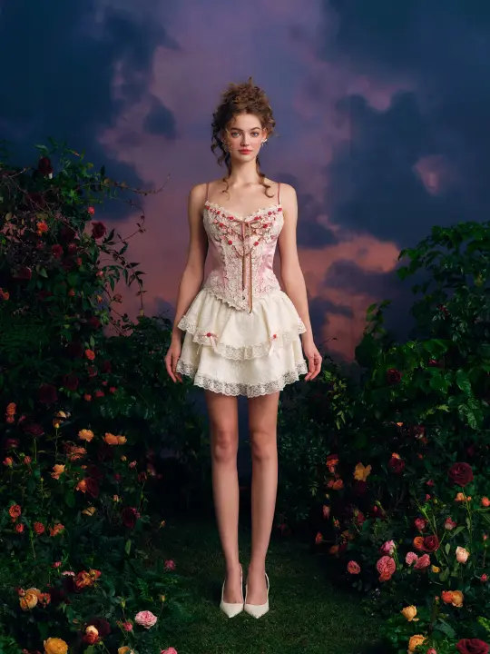 French sweet suspender suit fishbone corset waist slim lace skirt short homecoming dress R5150