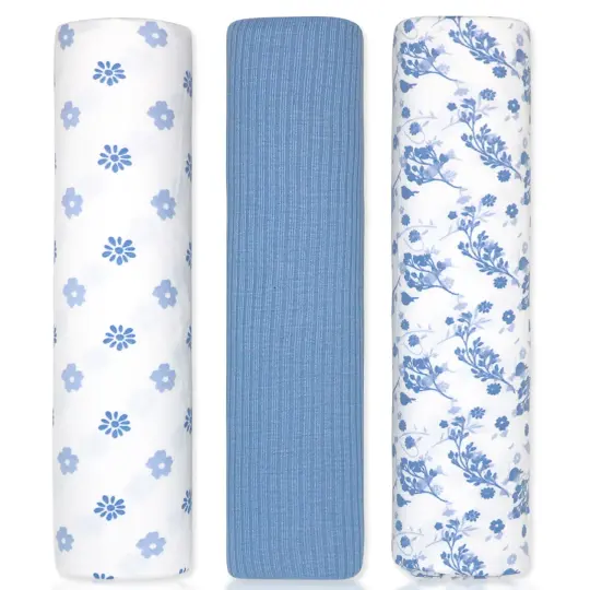 Baby Mode Signature Baby Boys and Baby Girls 3 Piece Knit Swaddle Blankets, Blue Floral