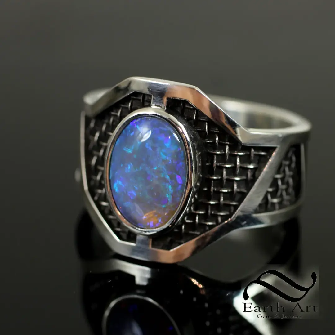 Modern Armored Opal Cigar Band - Sterling Silver