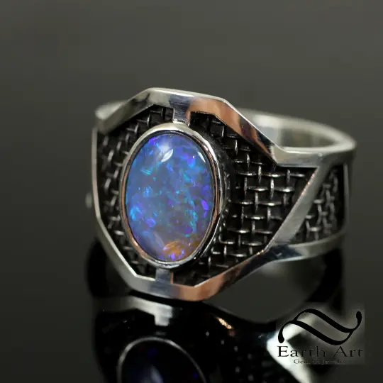 Modern Armored Opal Cigar Band - Sterling Silver