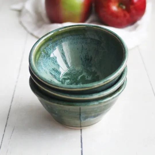 Set of Three Small Mossy Green Ceramic Bowls, Handcrafted  Pottery Made in USA