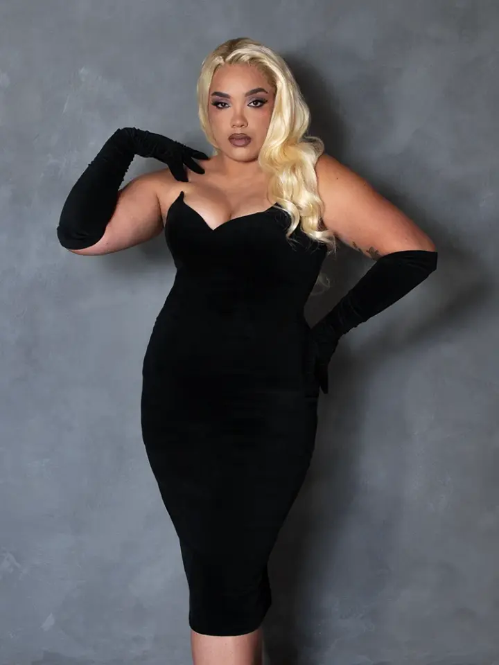 PRE-ORDER - Serpentine Wiggle Dress in Black with Matching Gloves