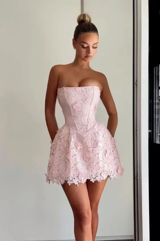 Pink tube top fishbone design slim lace skirt sexy short skirt homecoming dress R3901