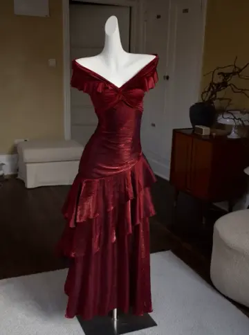 Elegant Ruffled A-Line Portrait Corset Maxi Prom Dress Evening Dress RS518