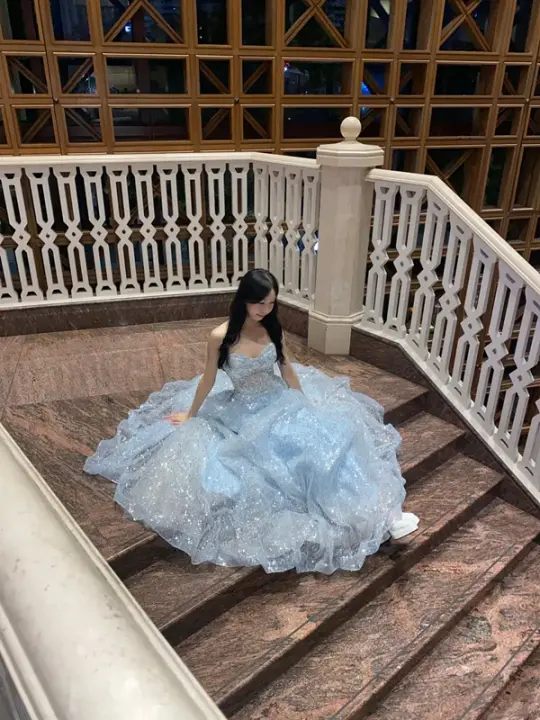 Light blue strapless, fitted waist, full skirt long ball gown R8367
