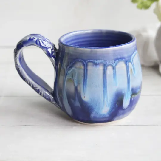 Pottery Mug in Dripping Blue Glazes, 14 oz. Made in USA