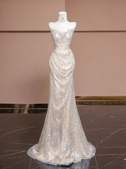 Light pink strapless, fitted, bodycon, sexy long ball gown/bridal dress R8322