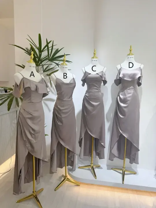 Gray spaghetti-strap satin waist-cinched slim-fit ball gown, bridesmaid dress R5945