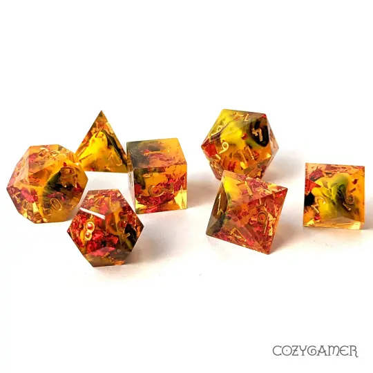 Fire Elemental Sharp Edge Resin Dice Set. 7 Piece DND dice set
