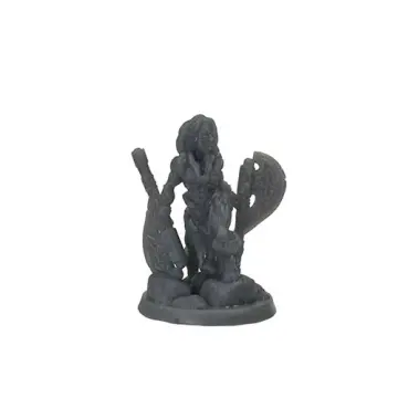 Unpainted 32mm 3D-printed female human barbarian standing on rock with a matched pair of knotwork axes — tabletop RPG miniature for D&D, Pathfinder & wargaming
