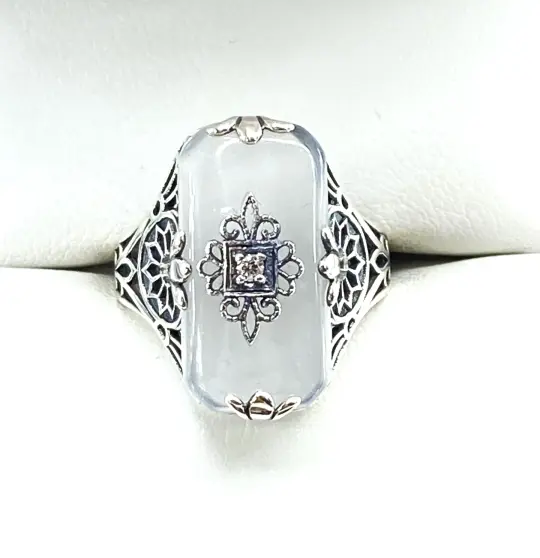 Grace Ring, Size 5.5, Frosted Camphor Glass with Diamond inset, Edwardian Style Jewelry #D233 - Ready to Ship
