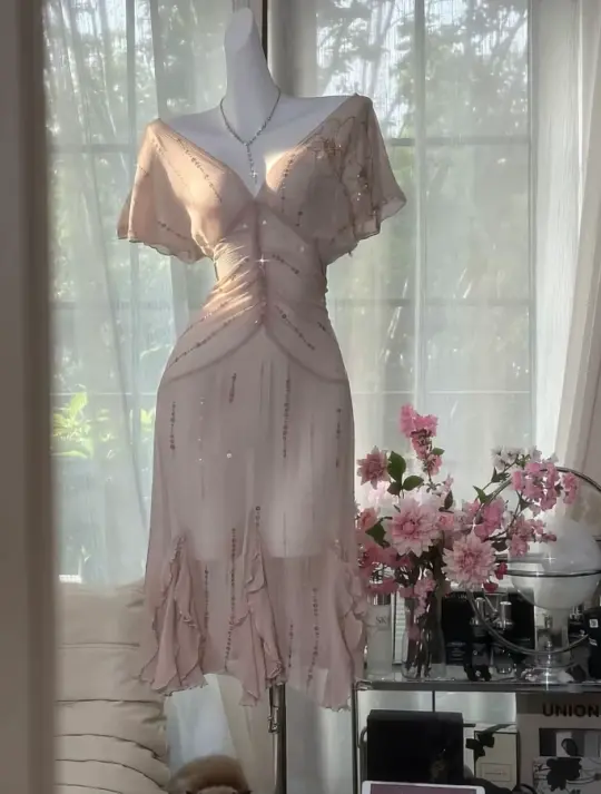 Dreamy Champagne Homecoming Dress , Flowy Chiffon Beaded Bodycon Short Prom Dress RS1601