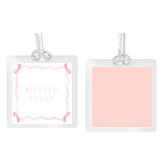 Girl's Watercolor Bow Border Square Laminated Bag Tag