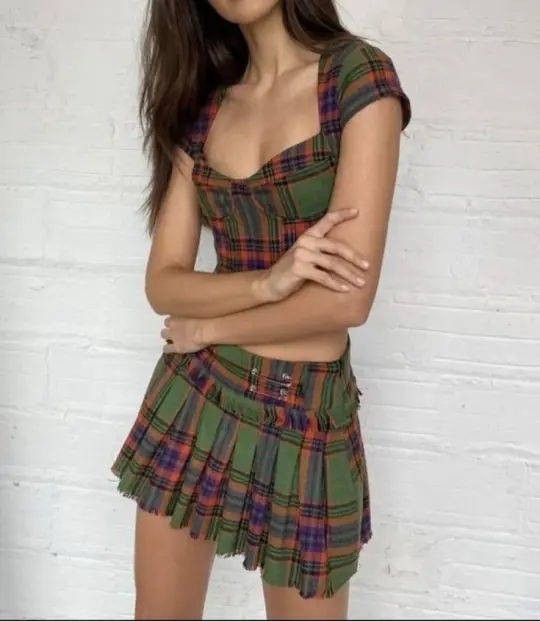 Retro Green Checkered Slim Fit Short Sleeve Waist A-Line Pleated Short Skirt Homecoming Dress R3982