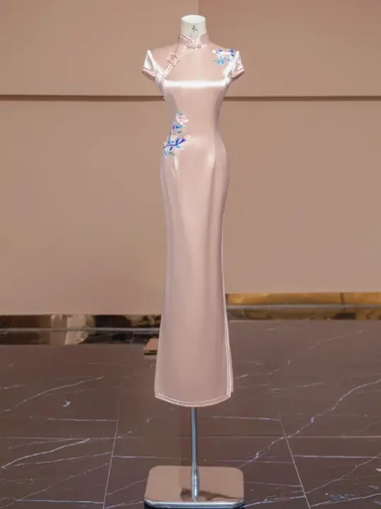 Light pink satin fitted Chinese retro ball gown, bridal dress R8289