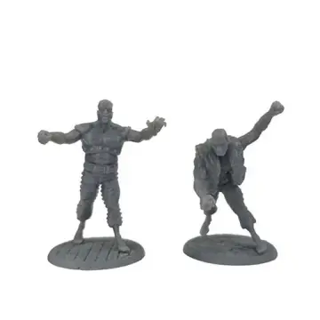 Unpainted 28mm 3D-printed flesh golem pair, one standing with arms spread, one hunched in a ragged hide mantle, tabletop RPG miniature for D&D, Pathfinder & wargaming