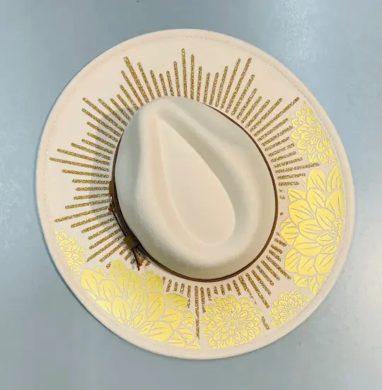Cream Golden Dahlias Vegan Felt XL Wide Brim Hat