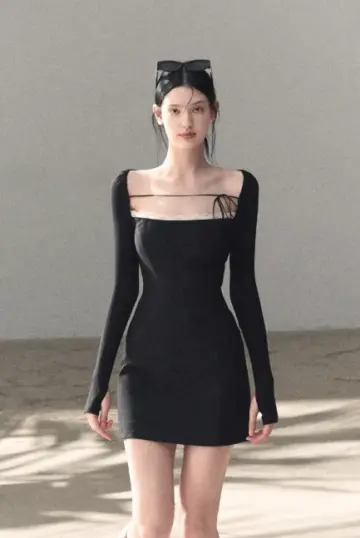 Black Square Neck Long Sleeve Mini Dress with Lace Trim and Tie Detail R9366