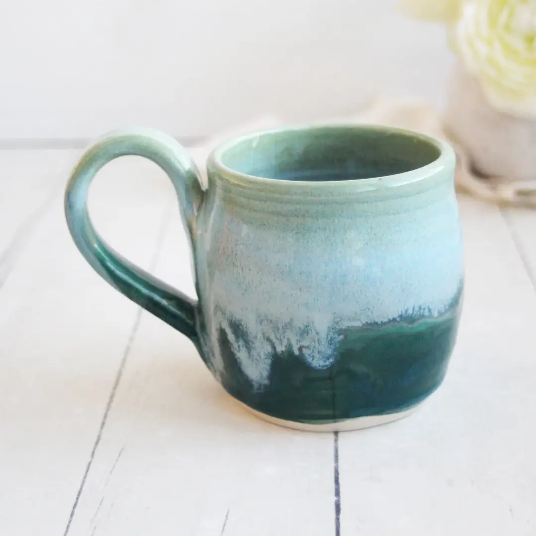 Turquoise and Blue Mug with Dripping Glazes, 13 Ounce Handcrafted Coffee Cup, Made in USA