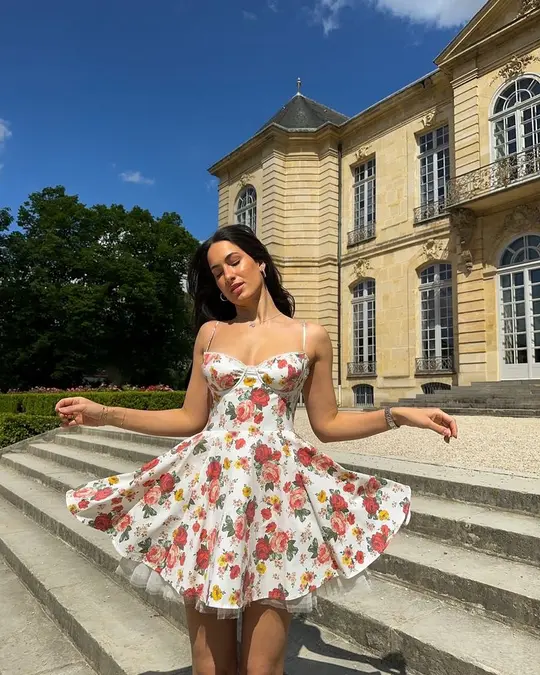Retro floral suspenders waist slim fit tutu skirt homecoming dress R2722