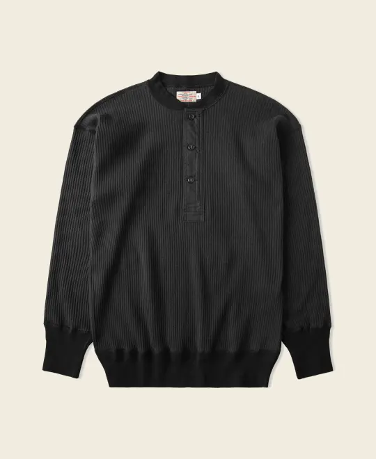Ribbed Long Sleeve Henley T-Shirt - Black