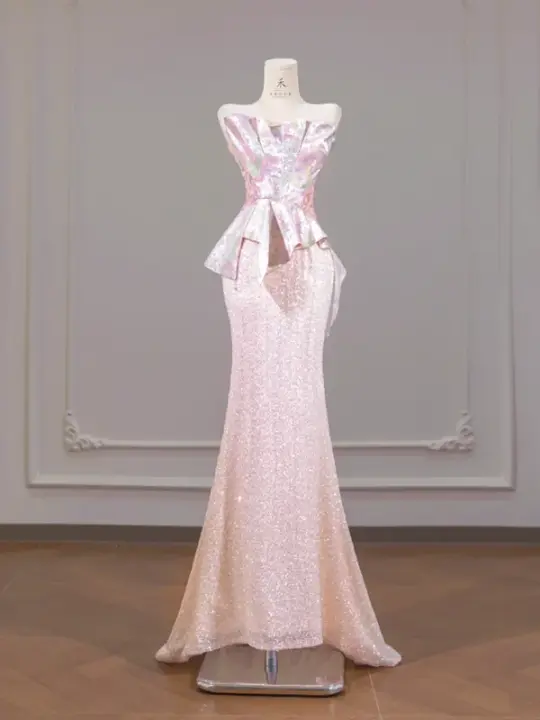Light pink strapless, fitted, bodycon long ball gown/bridal dress R8262