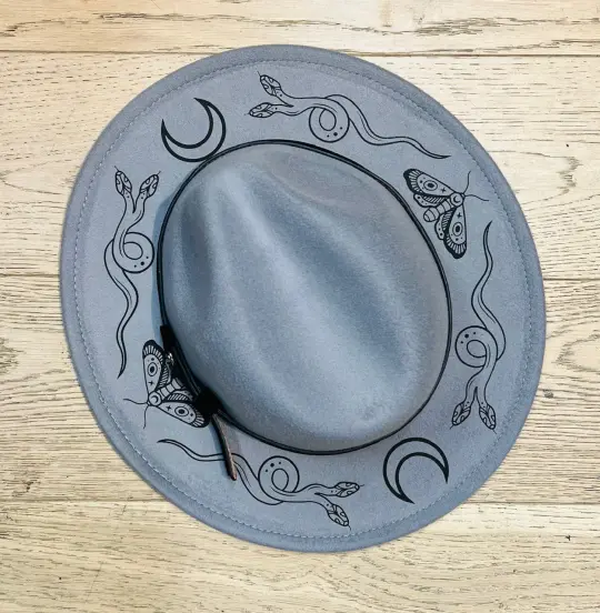 Grey Black Snake Moon Vegan Felt Wide Brim Hat