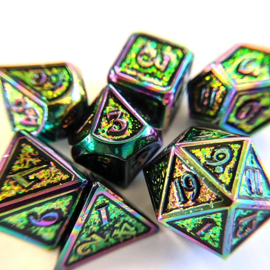 Shifting Rainbow Metal Dice Set – 7-Piece Iridescent Rainbow Trim DnD