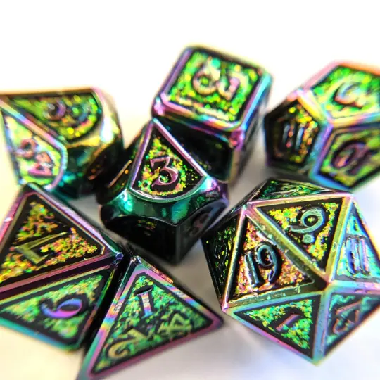 Shifting Rainbow Metal Dice Set – 7-Piece Iridescent Rainbow Trim DnD