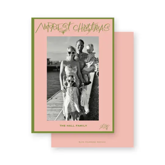 Green and Palm Beach pink "Merriest Christmas " Holiday Card