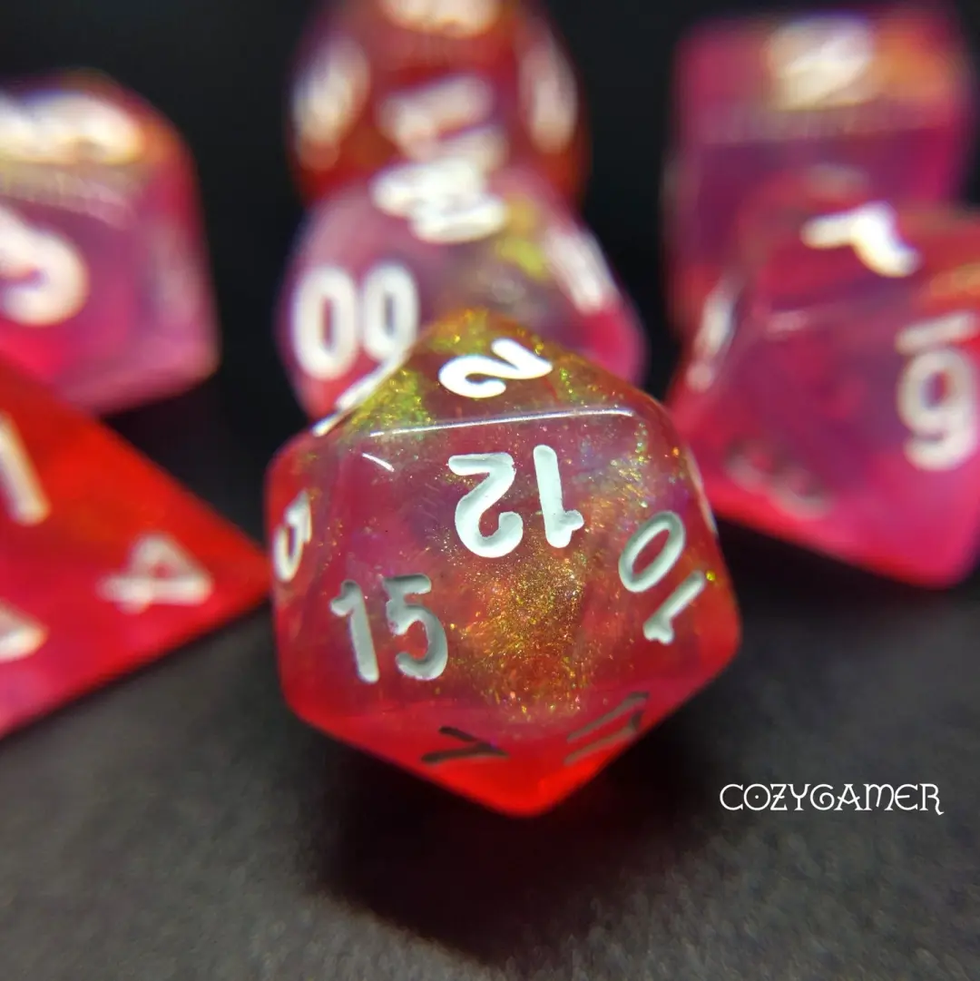 Pink Bunny Will O Wisp Dice Set. Glitter TTRPG Dice