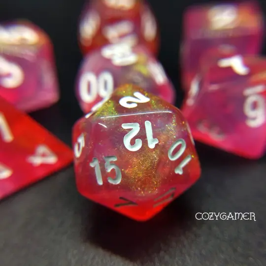 Pink Bunny Will O Wisp Dice Set. Glitter TTRPG Dice