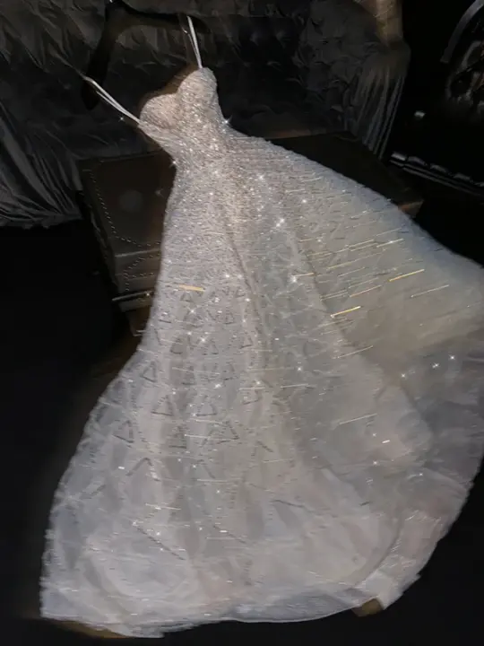 White halter-neck rhinestone-embellished long ball gown/bridal dress R8766