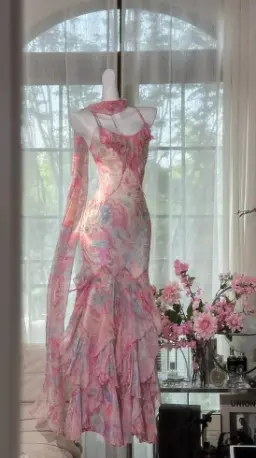 French Chic Pink Ruffled Mermaid Spaghetti Straps Corset Maxi Prom Dress Evening Dress RS645