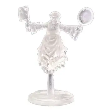 Unpainted 28mm 3D-printed ghost cook miniature in an apron waving a meat cleaver and a frying pan in clear resin, tabletop RPG miniature for D&D, Pathfinder & wargaming