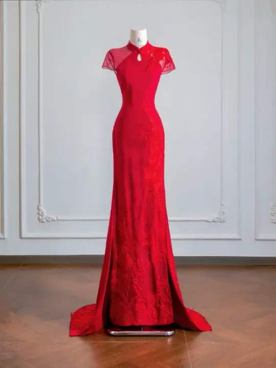 Red Chinese-style neckline, fitted waist, slimming and sexy long ball gown R8151