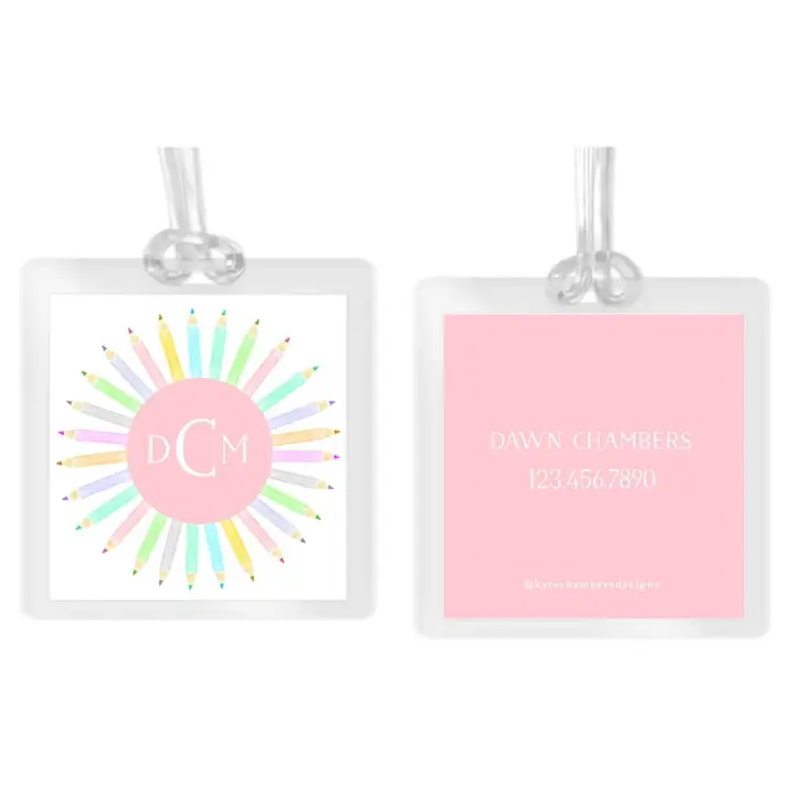Girl's Pastel Colored Pencil Square Laminated Bag Tag