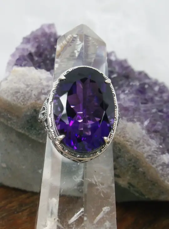 Amethyst Ring, Natural or Simulated Gemstone, Persian Design, Art Deco Vintage Revival Jewelry #D230