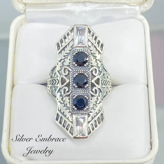 Black CZ Ring, Size 8, Art Deco 1930s Jewelry #D214 - Ready to Ship