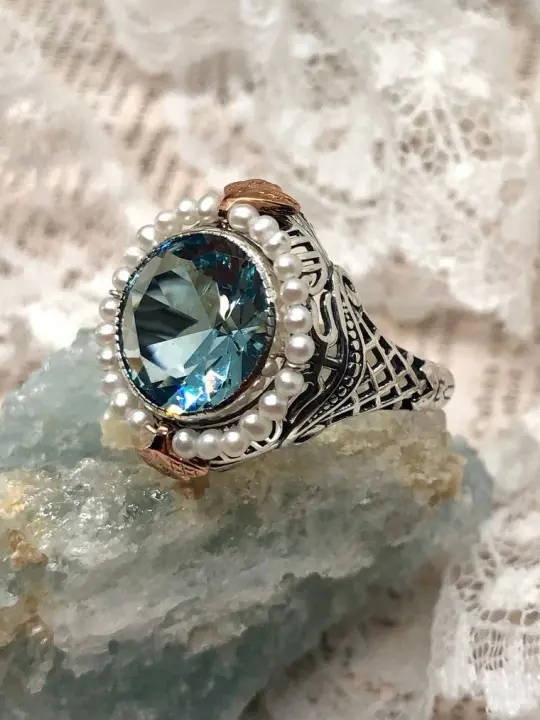Aquamarine & Seed Pearl Ring, Size 9, Victorian Filigree Jewelry #D238 - Ready to Ship
