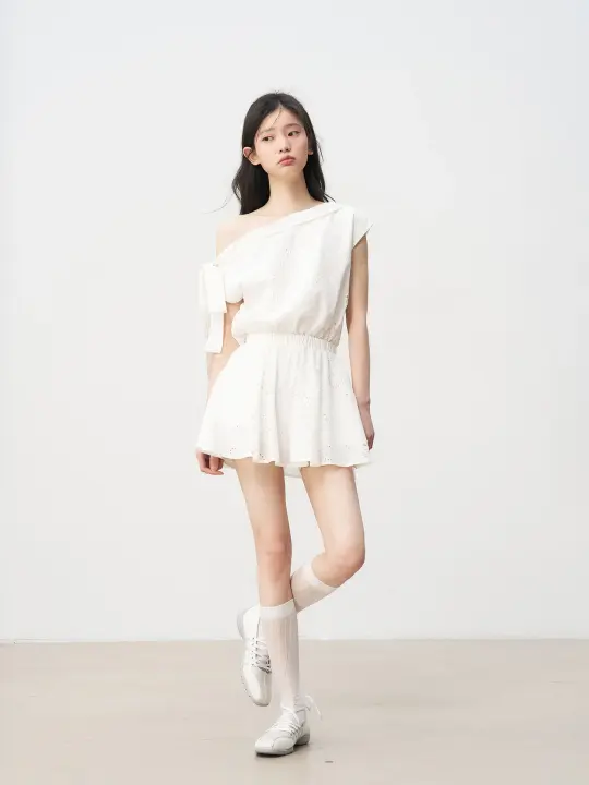 White French hollow flower off-shoulder dress with bow tie design and waist skirt R5131