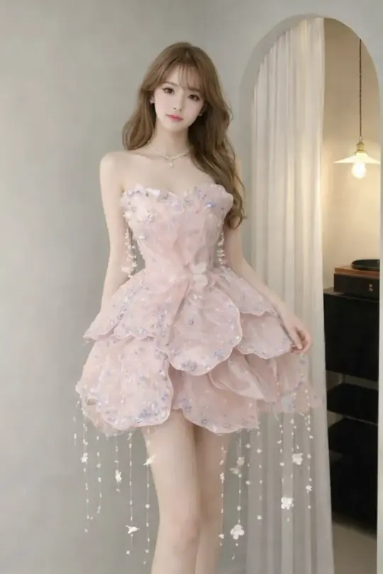 Princess Style Blush Pink Tassel A-line Strapless Irregular Hem Corset Mini Birthday Dress Homecoming Dress RS488