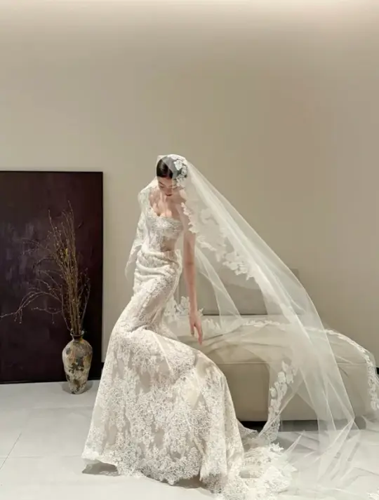 White strapless lace waist slim sexy fishtail long dress bridal gown R6053