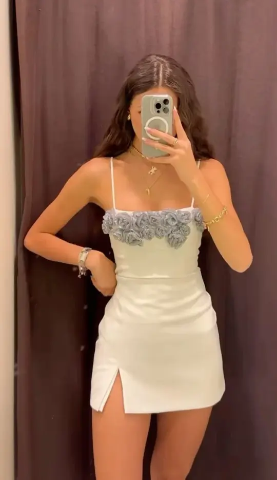 White suspender waist slim A-line short skirt homecoming dress R5518