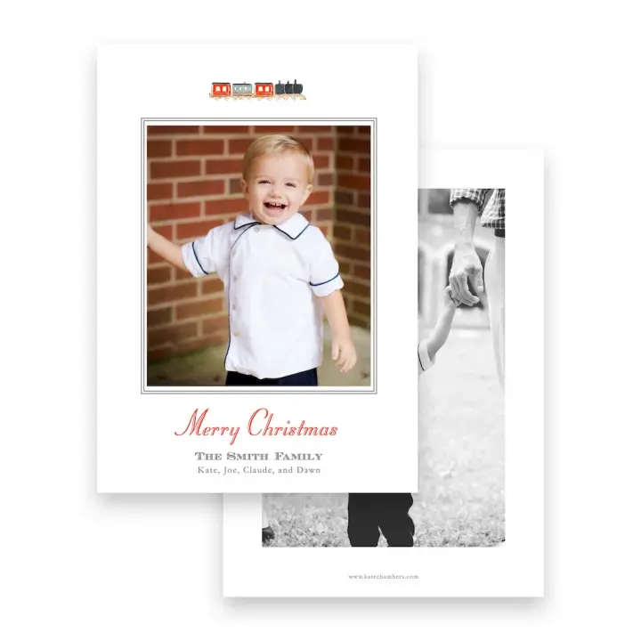 Watercolor Red & Gray Choo Choo Train Portrait Holiday Card
