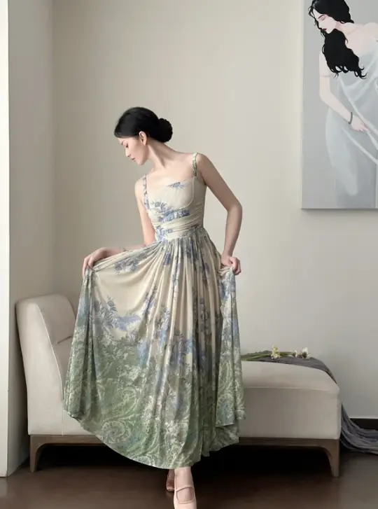 Light green halter-neck fitted floral maxi skirt ball gown R8051